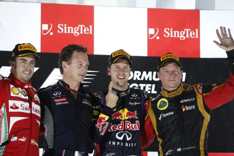 Das Podium des Singapur GP: Vettel, Alonso und Räikkönen