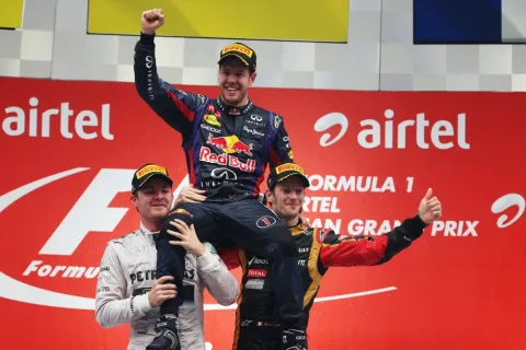 Das Podium: Vettel auf Rosberg und Grosjean